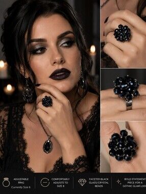 Vintage Adjustable Black Faceted Bead Cluster Statement Ring | Silver Tone